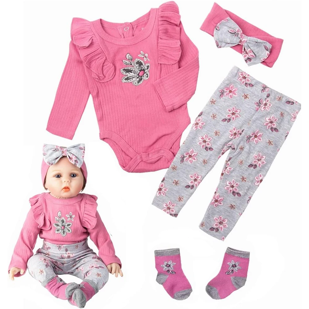 Reborn Baby Doll Clothes 24inch Girl Pink Outfits Accesories Set 4pcs for 22- 24inch Reborn Dolls Newborn Baby Clothing