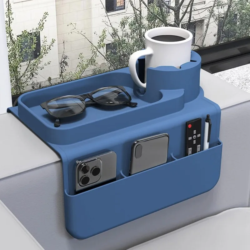 

Silicone Couch Cup Holder Tray with Side Pockets Couch Armrest Table Waterproof Couch Arm Caddy for Snack Drinks Spectacles