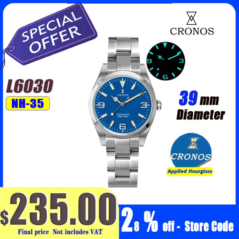 Cronos EX Diver Mechanical Men Watch NH35 39mm Automatic Sapphire Glass Bushed Bracelet 10ATM L6030M