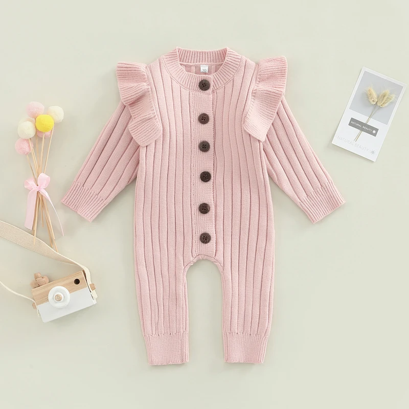 Winter Baby Girl’s Knitted Long Sleeve Sweater Jumpsuit Fashion Solid Color Round Neck Ruffles Button Warm Long Romper