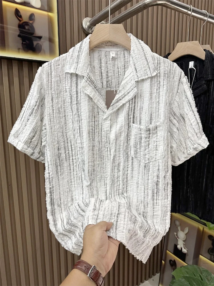 

Men's Casual Summer Shirt Vintage Loose Fit Short Sleeve Textured Striped Daily Wear Fashion Trendy Top