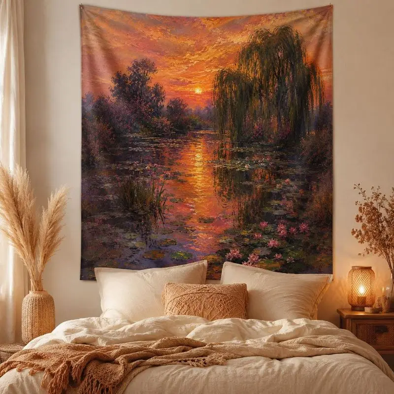 VIKAMA Sunset Water Lily Landscape Tapestry Impressionist Pond Willow Polyester Wall Hanging Aesthetic Bedroom Dorm Home Decor