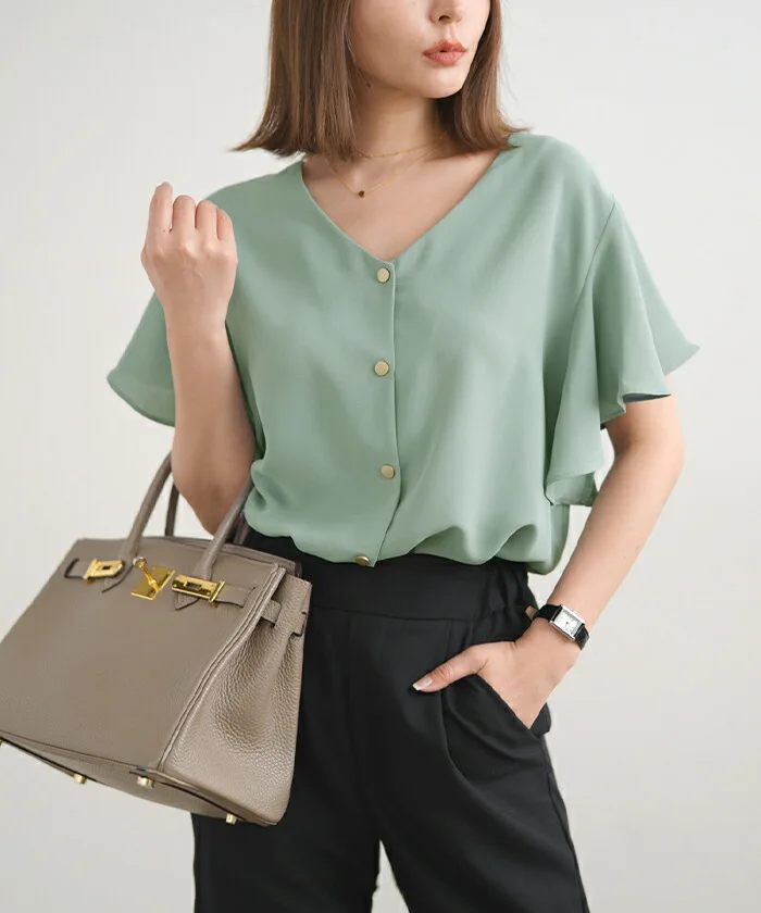 Loose Sweet  Pure Color V-Neck Puff Sleeve Short Sleeve Chiffon Top Korean Style Commute Wind Single Piece Summer Shirt