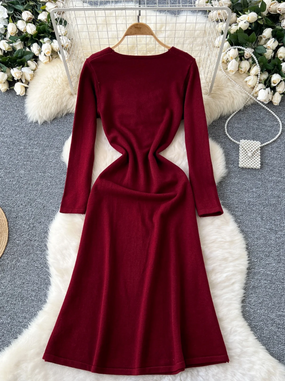 Koreanische Sle Hohe Taille Gestrickte Lange Sve Dr Frauen Fro mit Knopf Detail Quadrat Ne Design Geraffte Taille