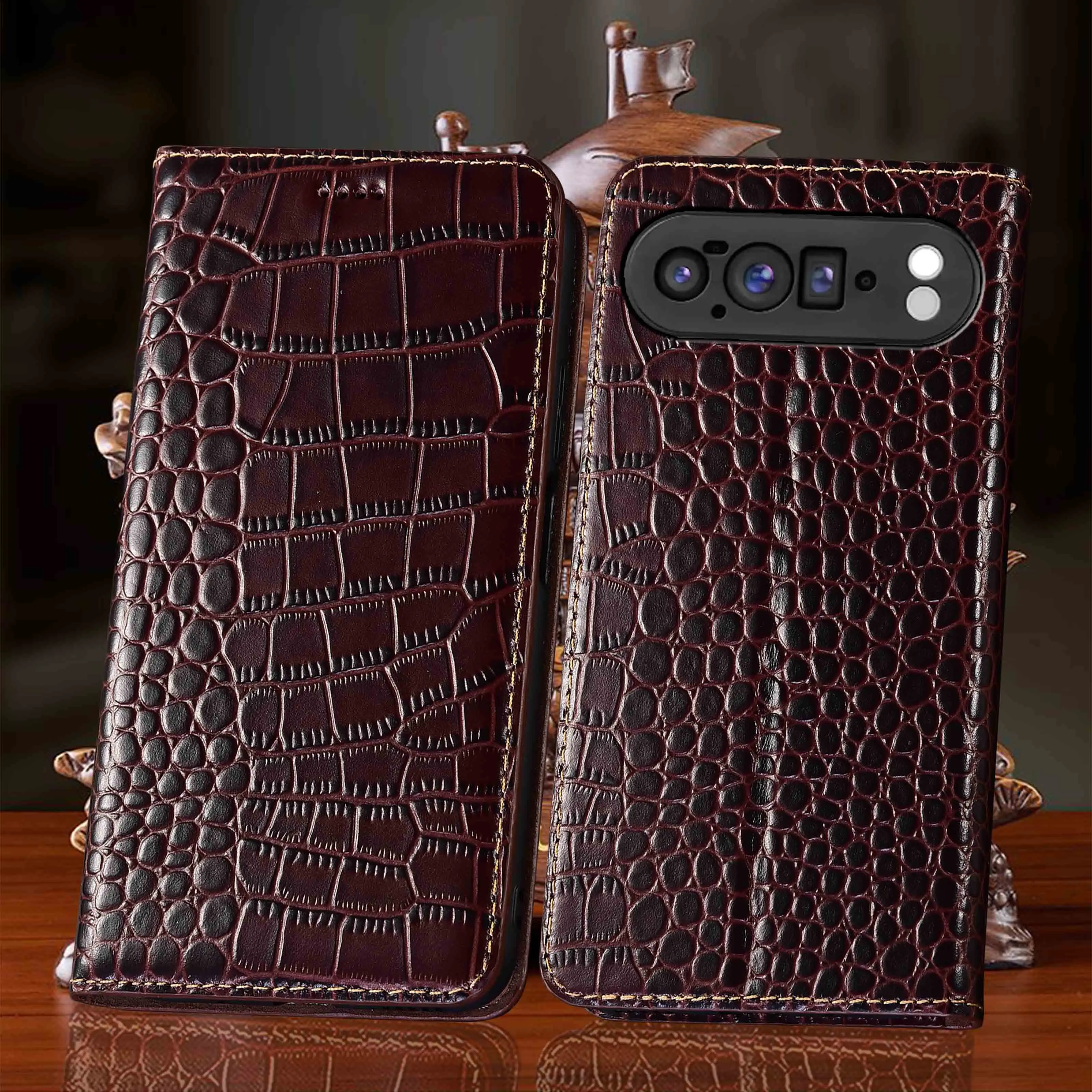 For Google Pixel 3 3A 4 4A 5 5A 6 6A 7 8 8A 9 9A 10 10A 11 Pro XL 4G 5G Crocodile Pattern Genuine Leather Flip Phone Cover Case