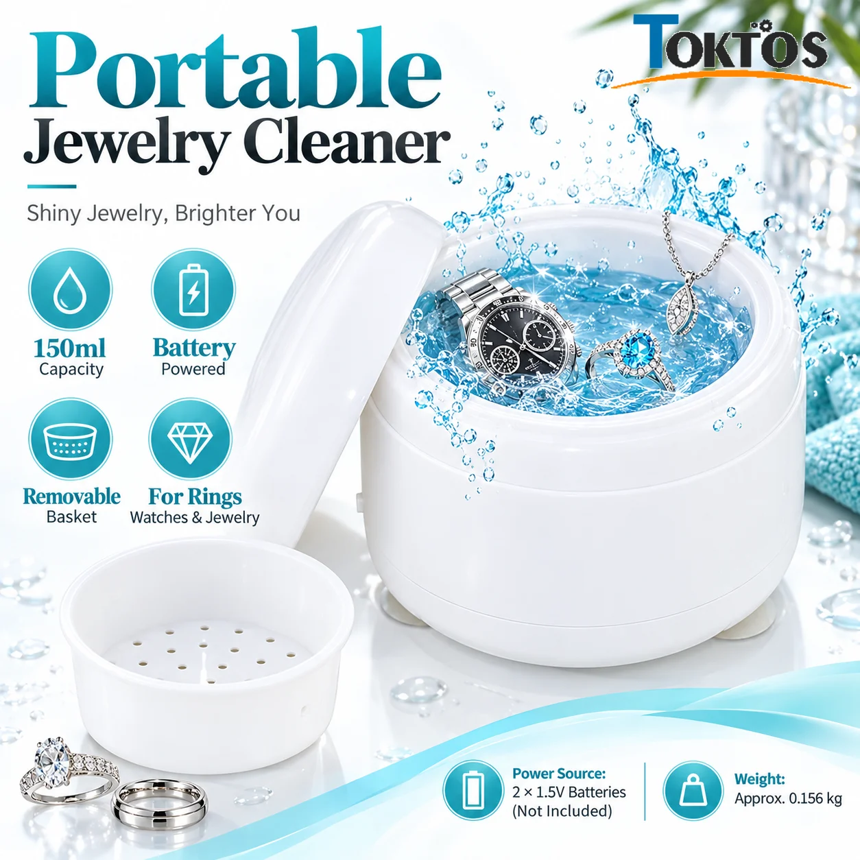 TOKTOS 150ml Portable Ultrasonic Jewelry Cleaner Battery Powered Cleaning Machine for Rings Earrings Necklaces Watches