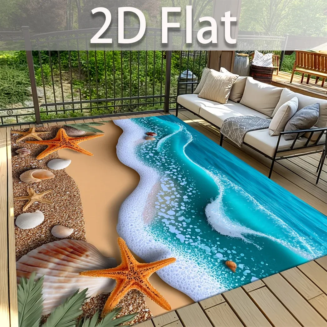 2D Flat Ocean Wave Seashell Beach Mat, Non-Slip Rectangular Mat for Home Use, Living Room, Bedroom, Bedside, Under Coffee Tabl