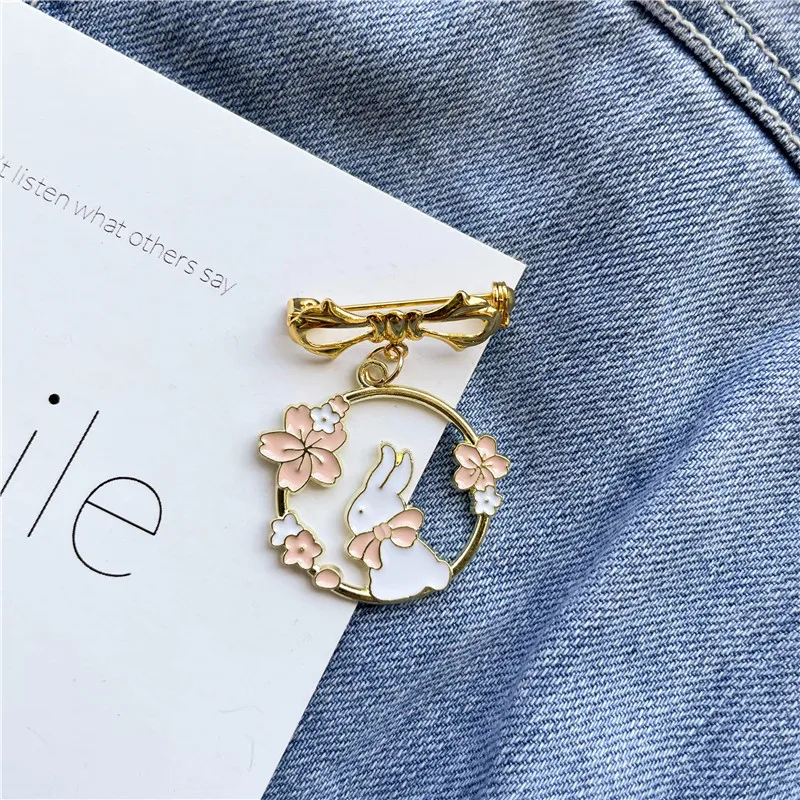 Cute Cherry Blossom Rabbit Bow Pin Pink Bunny Flower Bowknot Enamel Brooch Kids Backpack Collar Badge Pins Gifts Jewelry