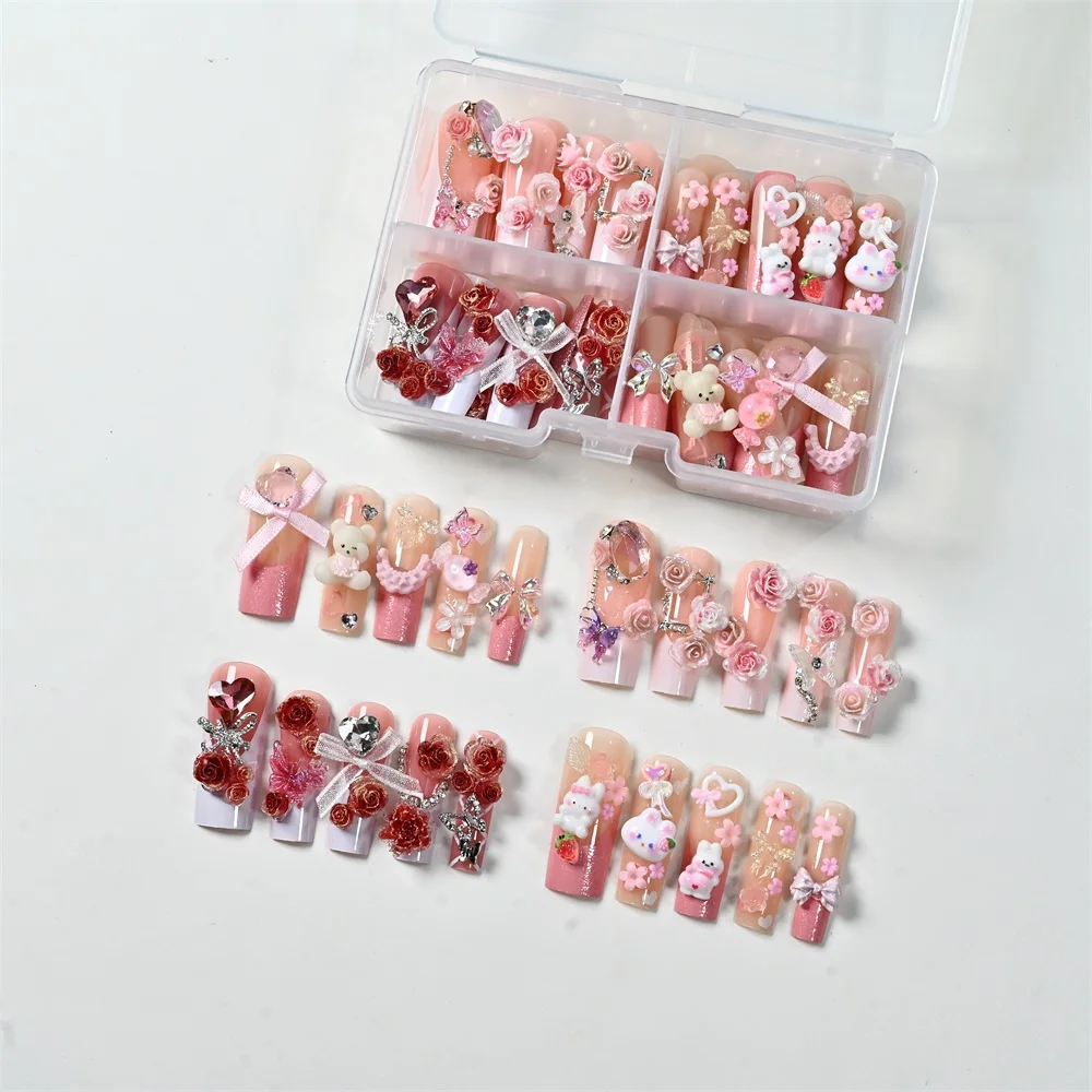 96Pcs Long Ballet Fake Nails Cartoon Bear Rabbit Charms Pink Rose Bow Press On Nails Women Girls Daily Wear Date Party Manicure*