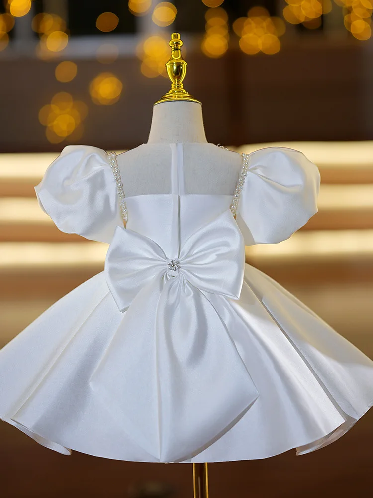 2024 Dresses for Elegant Party Girls Kids Beading Satin White Dress for Christening Infant Flower Girl Ball Gown for Weddings