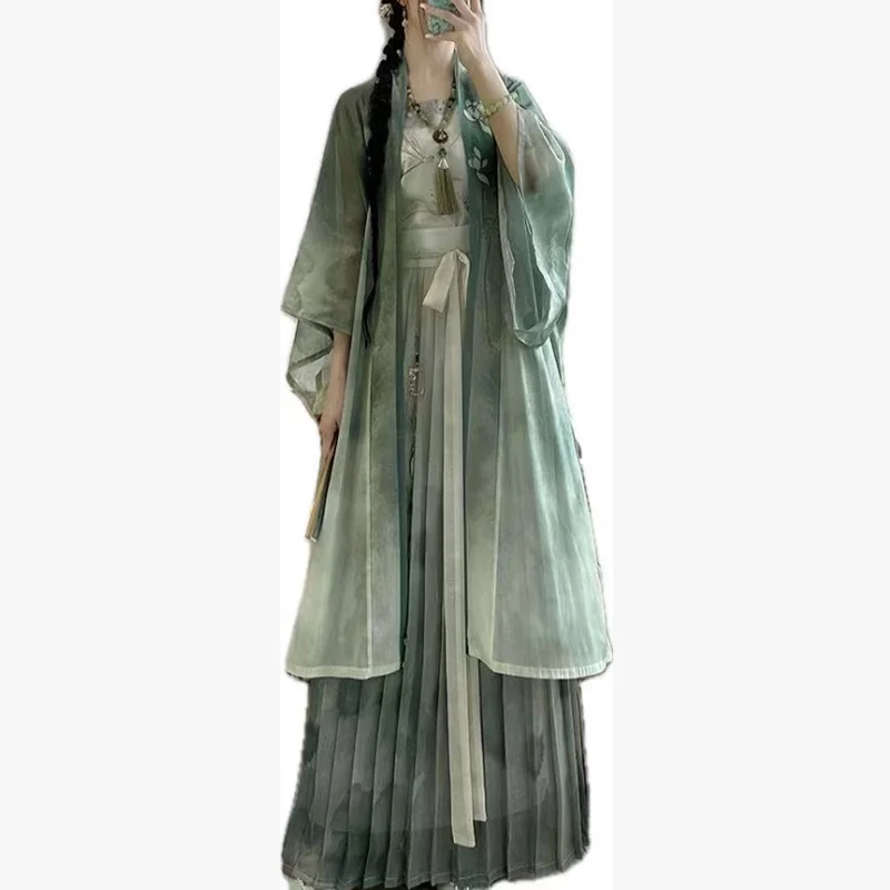 플러스 사이즈 10XL 한복 드레스 여성용 고대 중국 한복 세트 오버사이즈 코스프레 의상 빈티지 그린 3종 세트 한복 파티 드레스