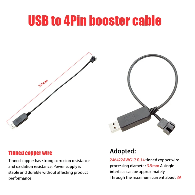 Cabo conversor USB para 4Pin PWM, 5V a 12V Boost Line, ventilador de PC com mangas, adaptador de energia, conversor