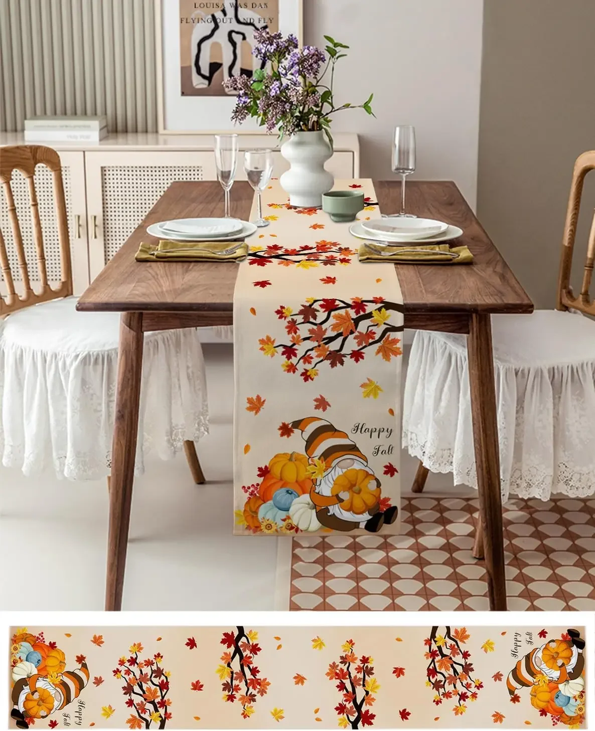 1Pc Autumn Gnome Pumpkin Table Runner Beige Happy Fall Leaf Print Table Cover For Dining Kitchen Desk Decoration Tabletop Decor