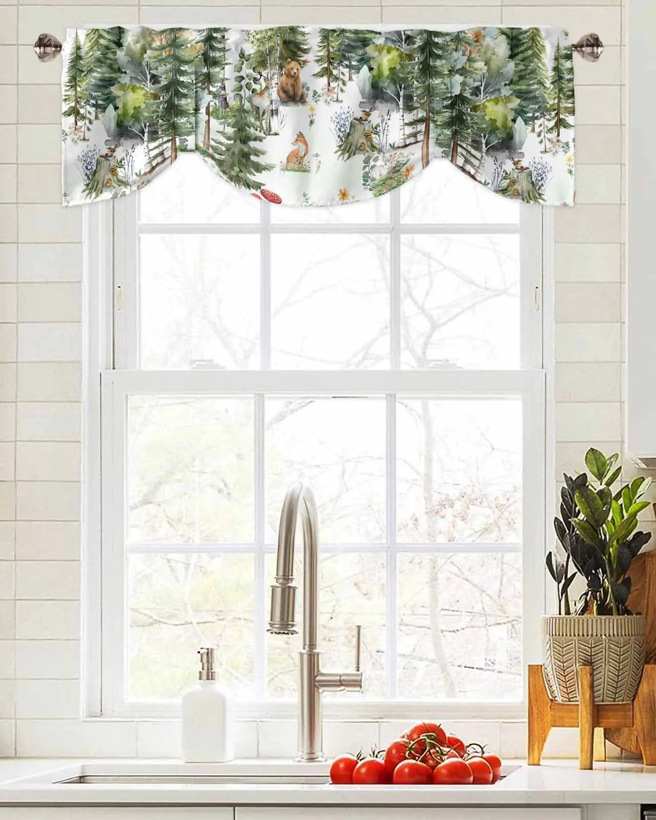 Watercolor Animals Bear Deer Rabbit Window Curtain Living Room Kitchen Cabinet Tie-up Valance Curtain Rod Pocket Valance