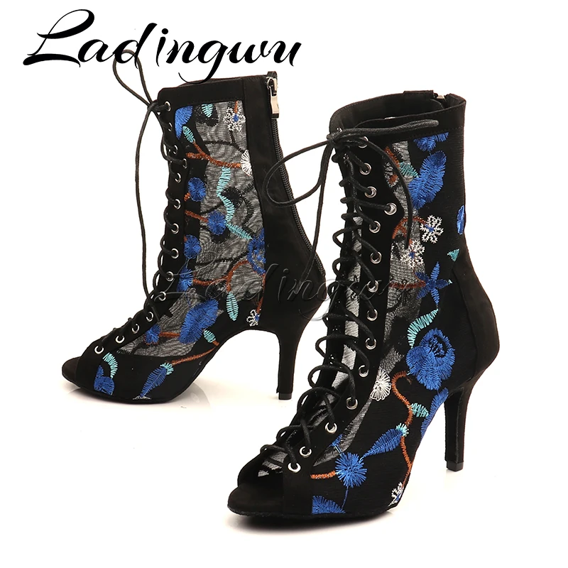 Ladingwu Fashion Dance Boots Women Latin Dance Shoes Professional Ballroom Dance Shoes High-end Custom Embroidery Mesh Boots