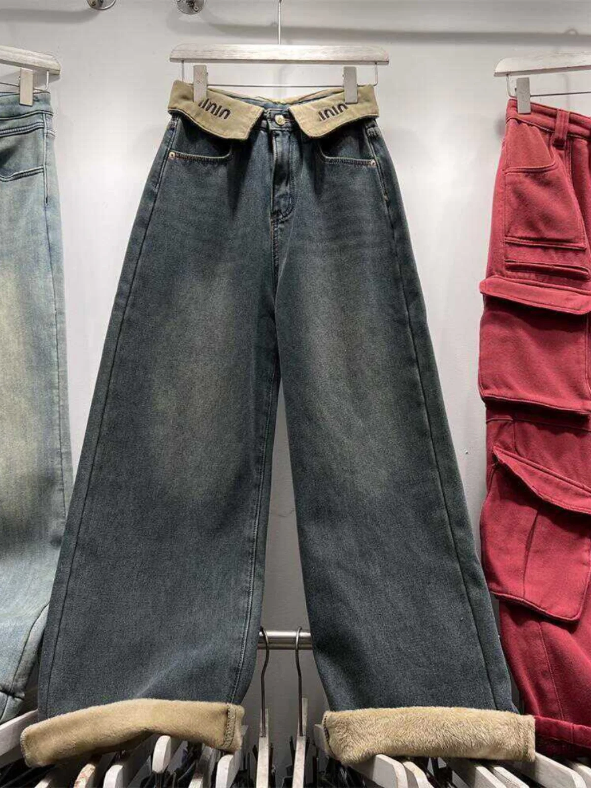 

Джинсы женские с начесом на осень, широкие, с высокой талией, удлиненные, зауженные, повседневные, однотонные, из денима