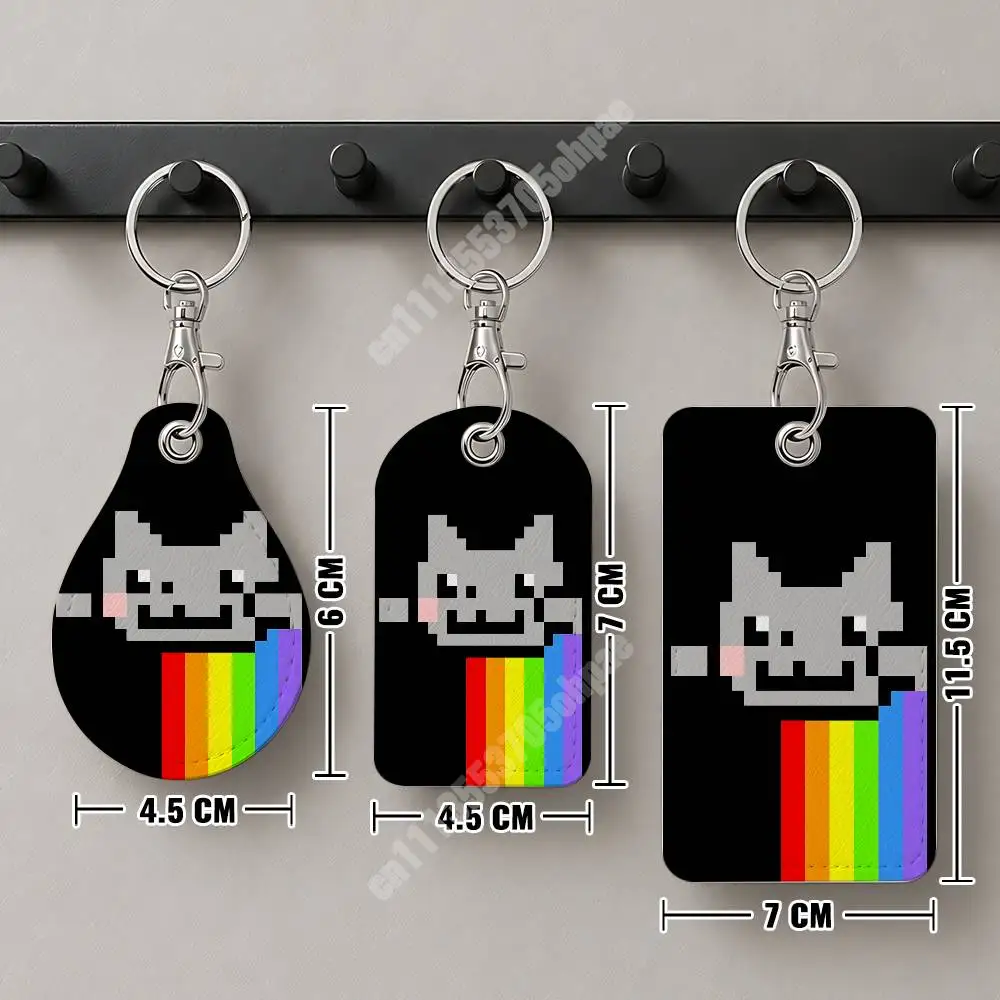 N-Nyan Rainbow Flying Cat Memes Leather Keychain Card Holder for Airtag & Luggage Tags Casual Tracker Cover