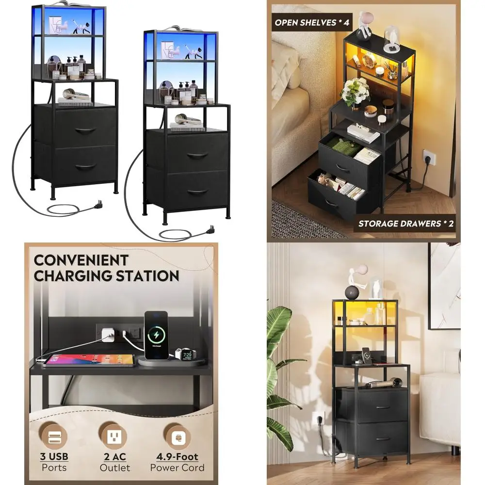 

Charging Station Nightstand Set, 2-Piece LED Night Stand with Drawers and Storage Shelves, Fabric Dresser Bedside Tables