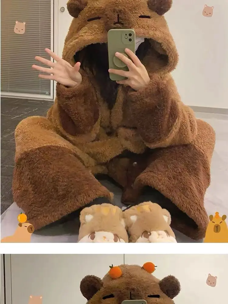 New Anime Doll Pajamas Kawaii Capybara Sweet Winter Thickened Cute Plush Cartoon Homewear Suit Birthday Gift