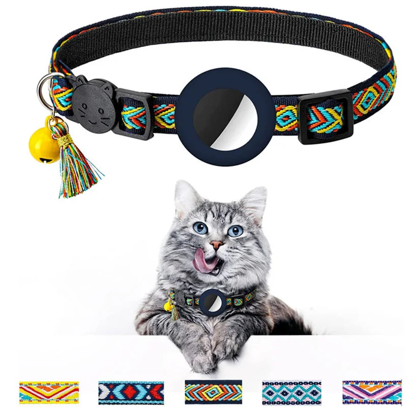 New Airtag Pet Collar Adjustable Nylon Puppy Cat Collar With Bell Anti-lost Pet Necklace With Apple Airtag Holder Pet Supplies