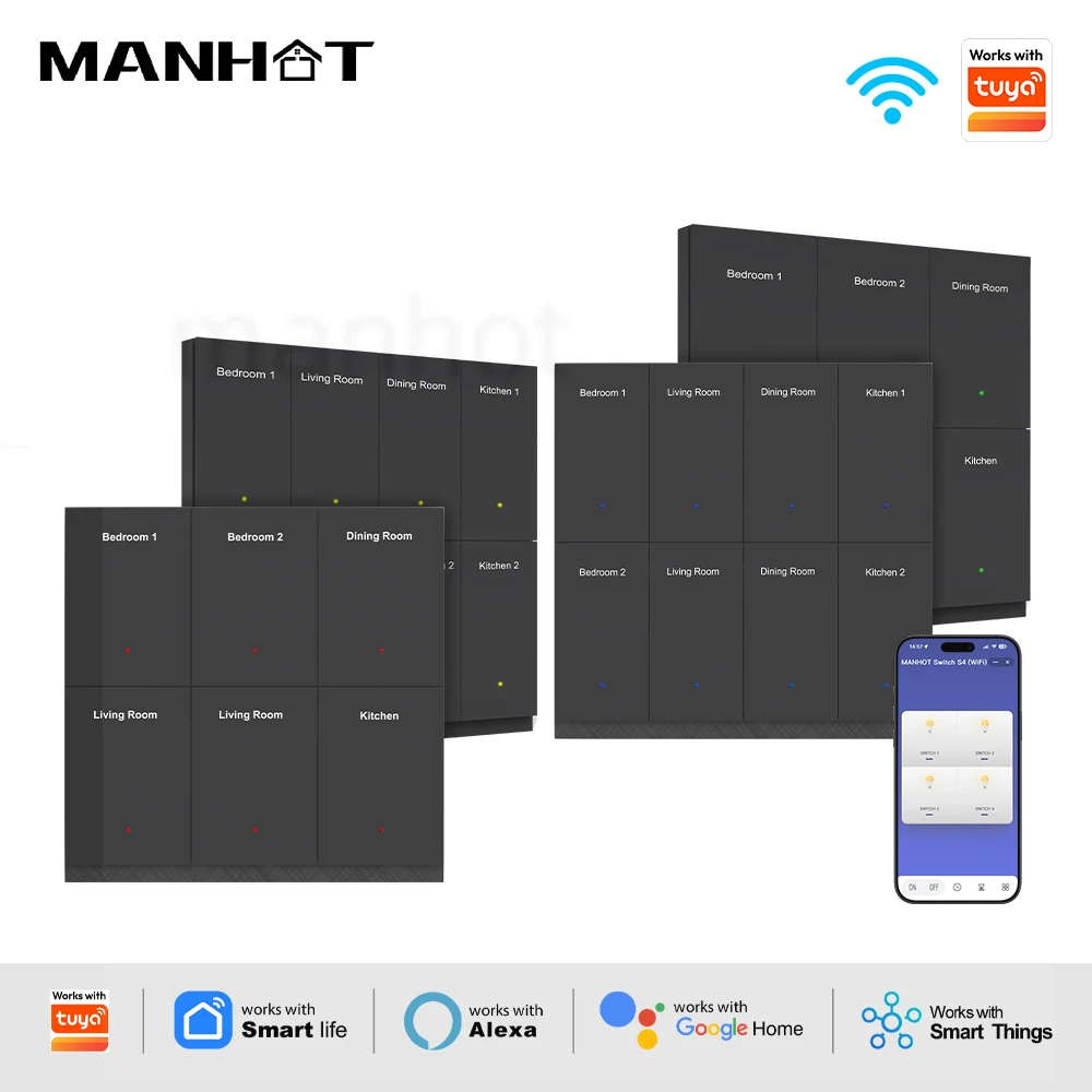 MANHOT WiFi Smart Switch 1/2/3/4/6/8Gang Smart Glass Panel DIY Name Push Button Switch Radar Sensing Switch Work With Tuya Alexa