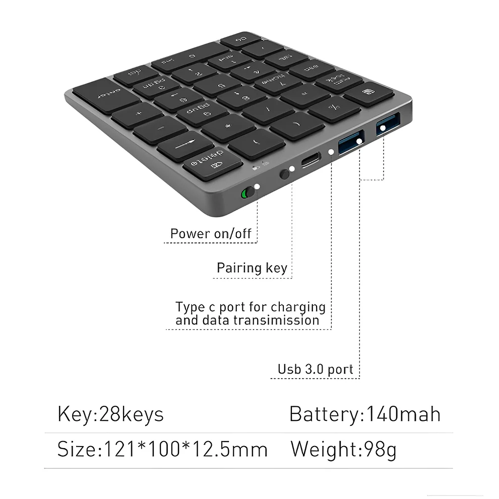 Jomaa Tastierino numerico Bluetooth wireless con HUB USB Tastierino numerico ricaricabile a doppia modalità per laptop tablet