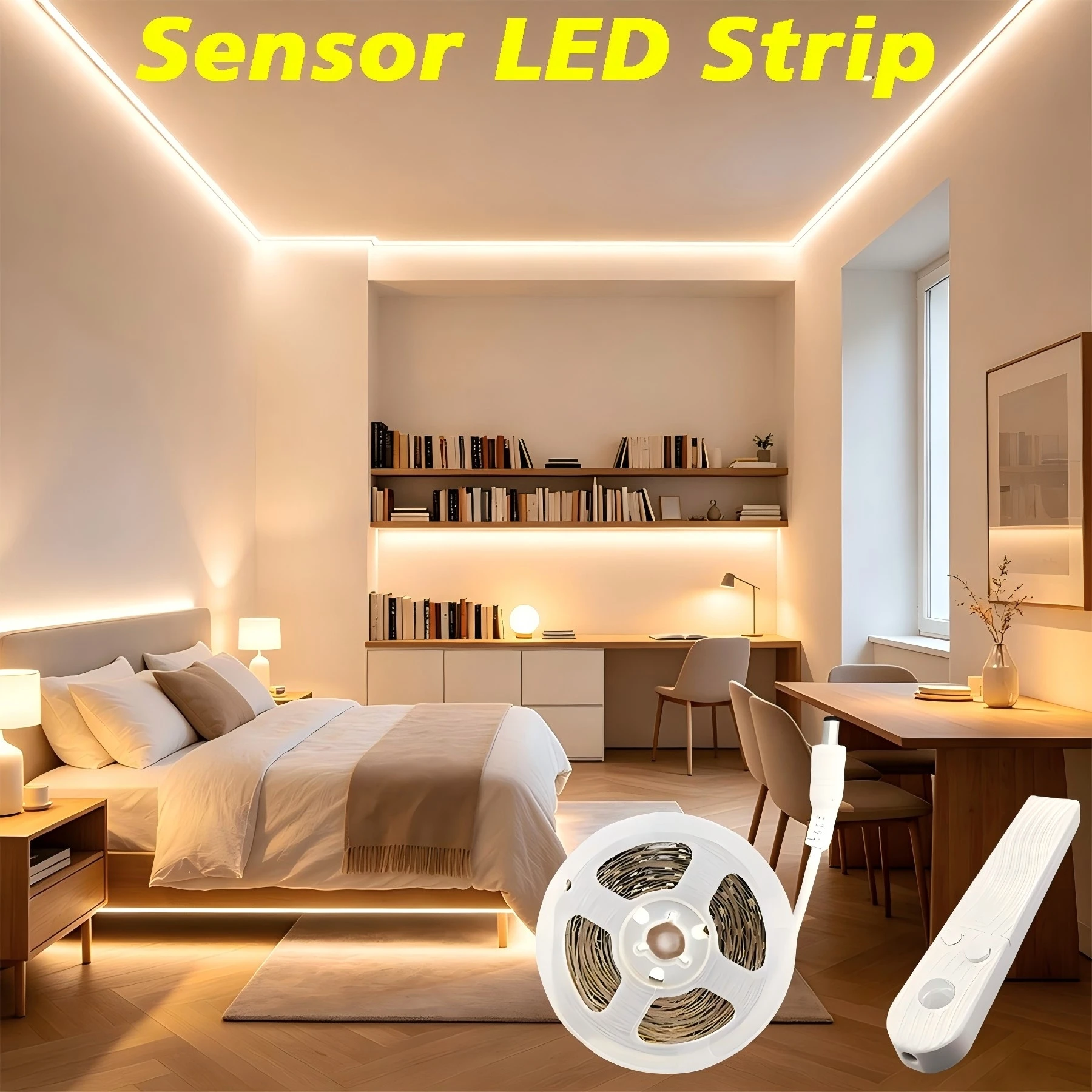 

5V Sensor LED light strip, USB and battery powered (batteries not included), suitable for bedroom, cabinet, and study lighting.