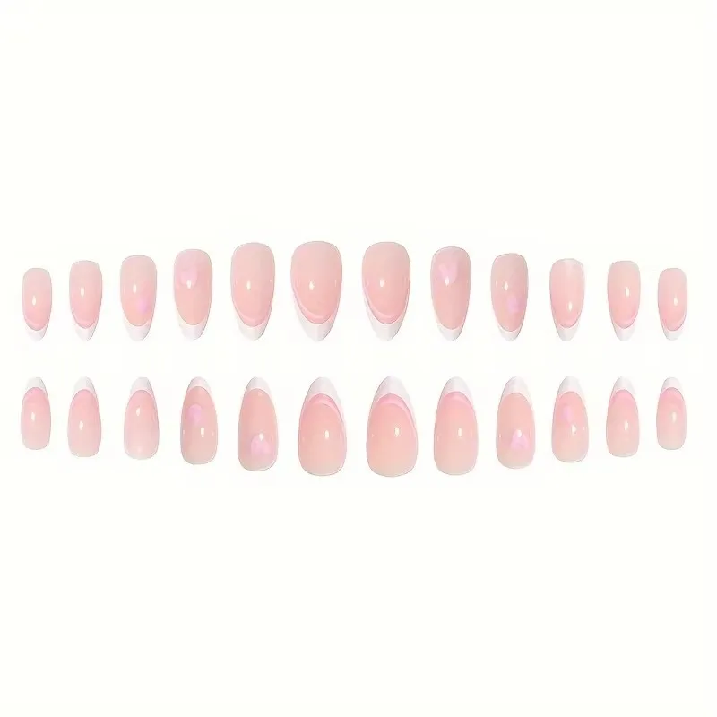 24 pzas Uñas postizas en forma de almendra con diseño de gota de agua, color rosa, estilo lindo europeo y americano, francesas, arte de uñas 5