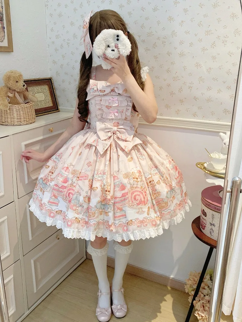 

Japanese Original Cute Sweet Lolita Jsk Suspender Dress Cartoon Print Doll Feeling Lace Bow Princess Style Ladies Dress