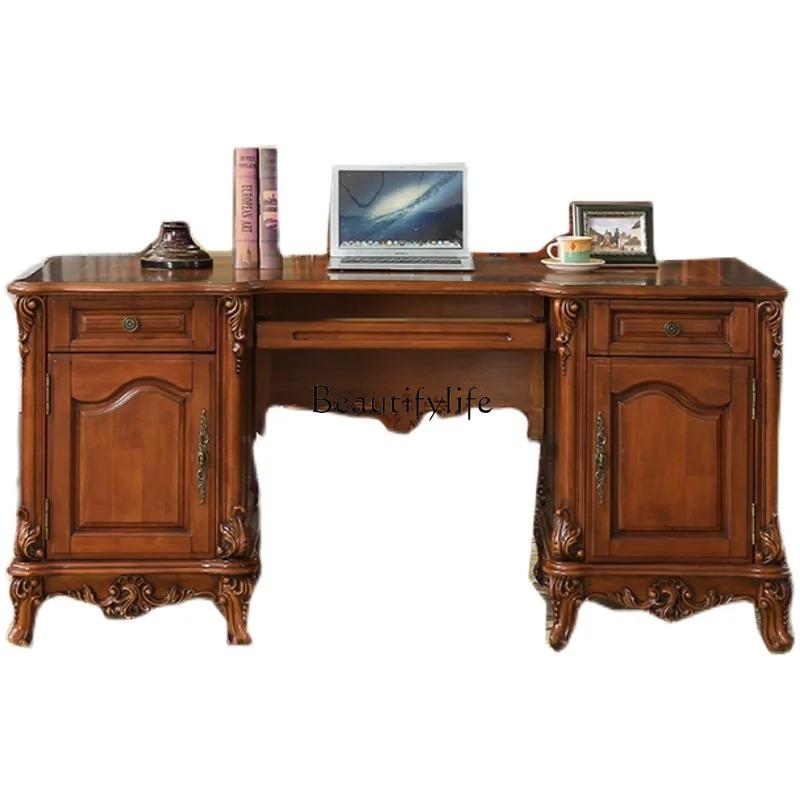 

American old parquet office household European all-solid wood computer desk