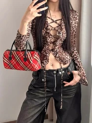 Deeptown Harajuku Style Leopard Print Crop Shirts Women Sexy Y2k Lace Up Blouse Vintage Grunge Aesthetic Long Sleeve Ladies Tops