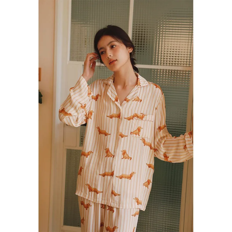 Spring Satin Cartoon Dachshund Printed Striped Home Clothes Lapel Pocket Luxury Long-sleeved Pajamas Suit Viscose Pijamas Women