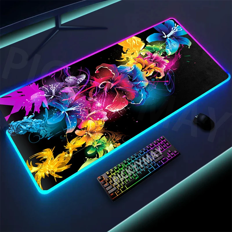 Flower Design Large RGB Mouse Pad XXL Gaming Mousepad LED Mouse Mat Gamer Mousepads Luminous Table Mats Desk Pads With Backlit