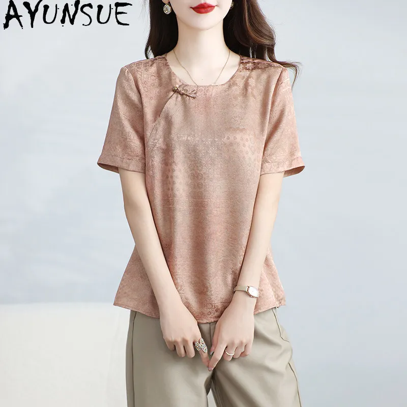 AYUNSUE 95% Real Mulberry Silk T-shirts for Women Short Sleeved Women Tops Summer Jacquard Clothes for Woman 2026 New Ropa Mujer