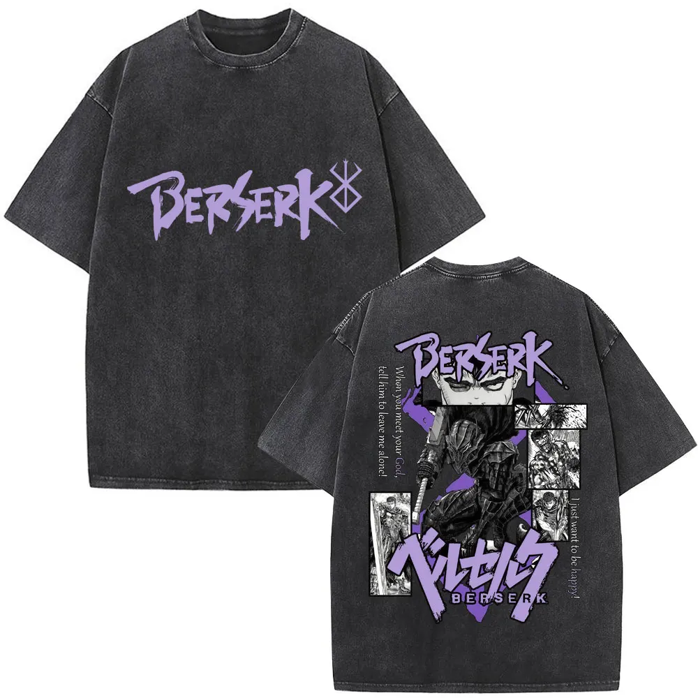 Washed Anime Berserk Guts T-shirts Swordsman Gatsu Sacrifice Zodd Cosplay T Shirt Oversized Cotton Vintage T Shirts Streetwear
