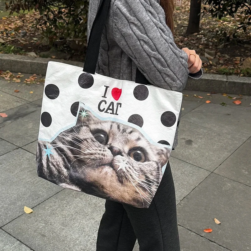 Creative Cat Themed Polka Dot Tote,cute Fanshion Animals Print Magnetic Buckle Design,large Capacity Durable Canvas Shoulder Bag