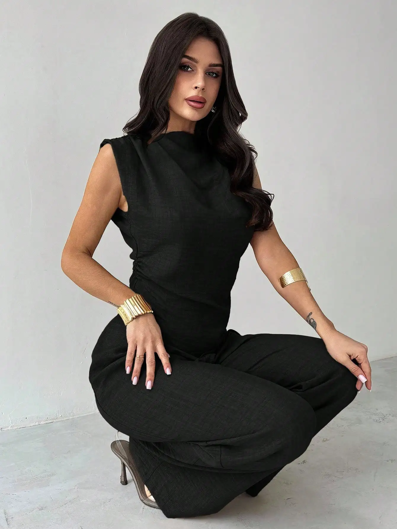 

Sleeveless Asymmetric Ruched Waist Blouse And Wide Leg Pants Set