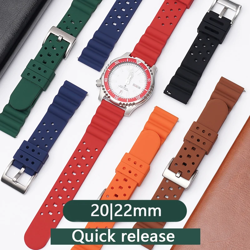 High Tensile Silicone Strap 20mm 22mm Quick Release Sport Waterproof Men Breathable Rubber Replace Bracelet Watch Band for Seiko