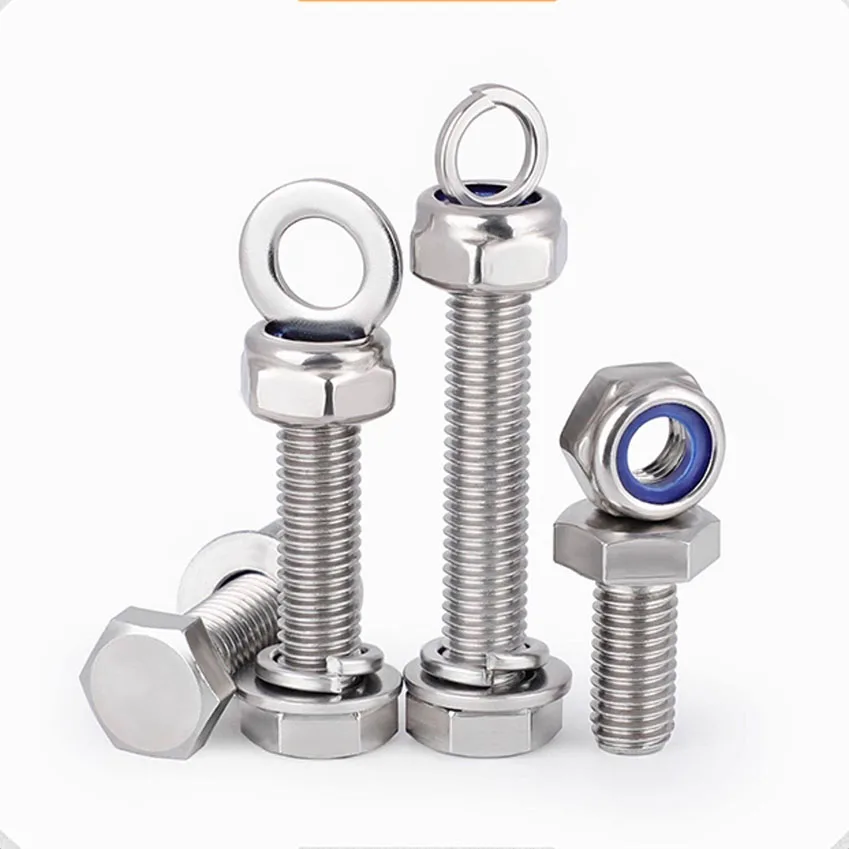 304 Stainless Steel Hex Head Bolt and Lock Nut Washer Kit, Anti Loosening Screw Ribbon Washer M3 M4 M5 M6 M8 M10 M12M14M16M18M20