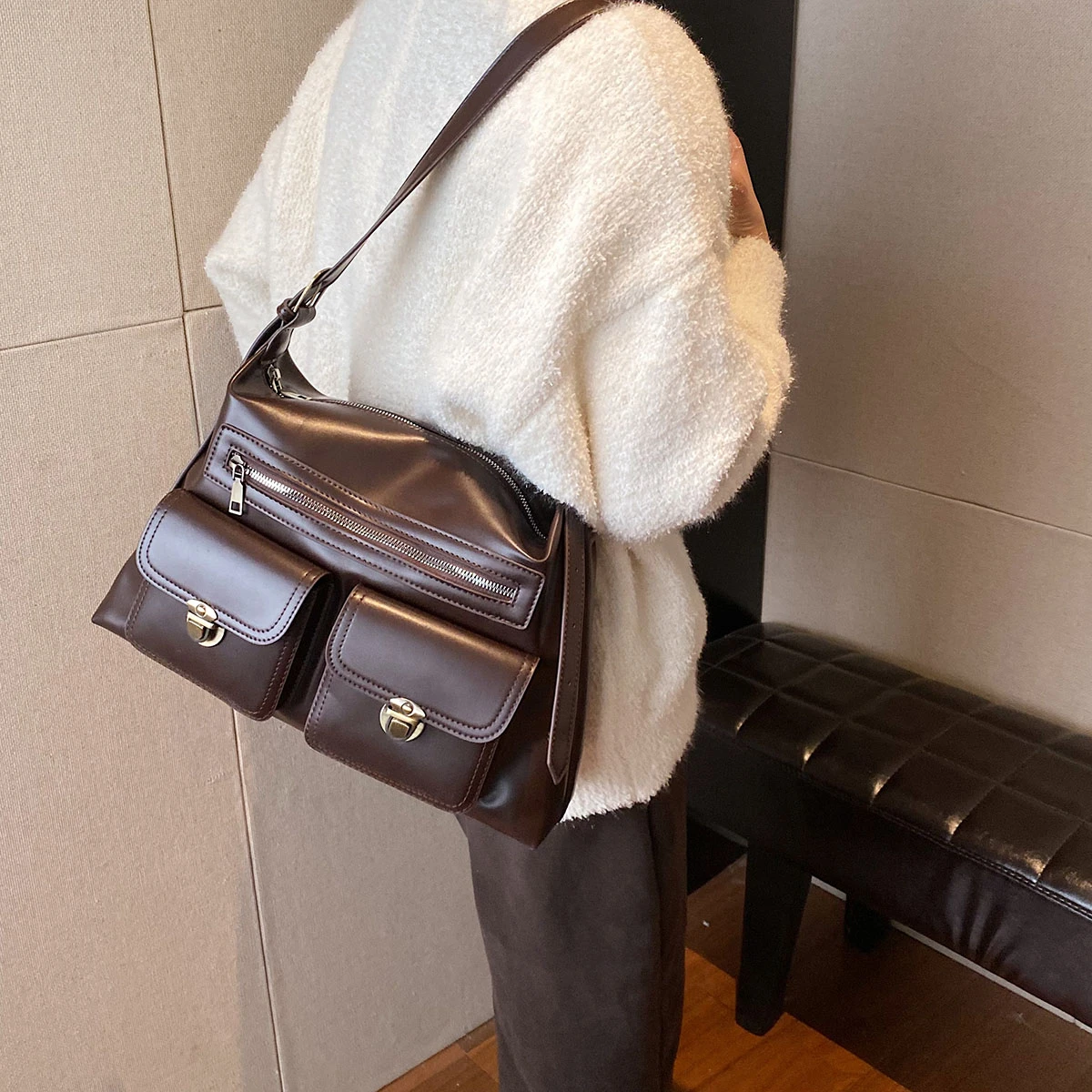 England Style Vintage Bags For Women Solid PU Leather Large Capacity Shoulder Bags 2023 New Preppy Style Messenger Bags