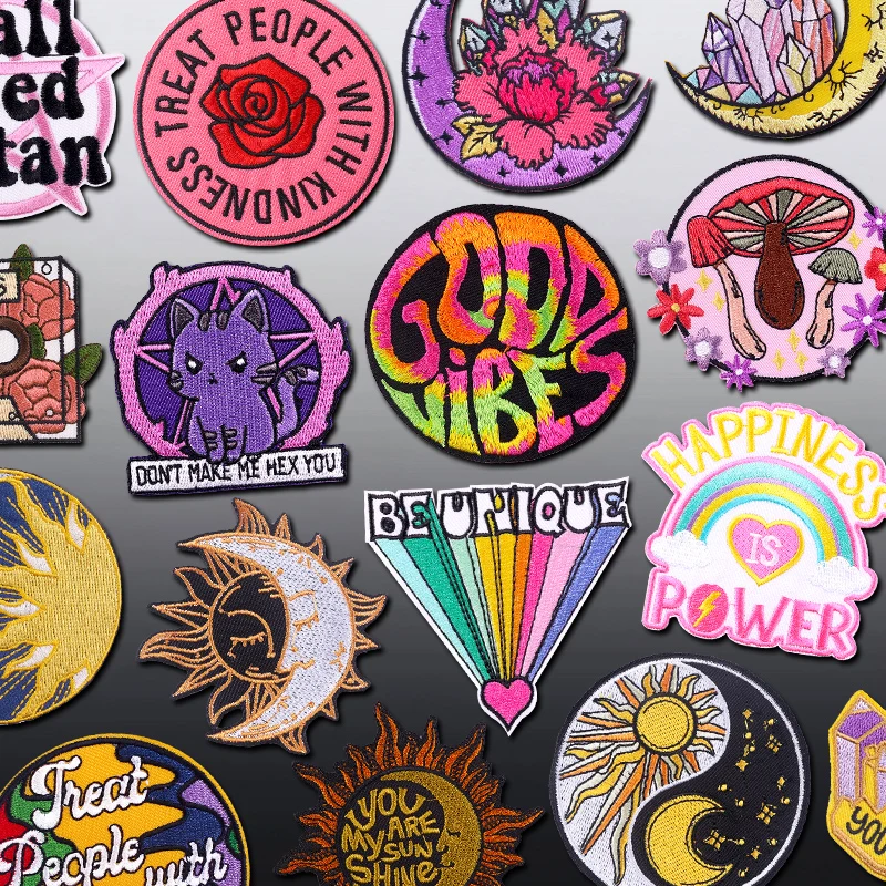 Blumen-Sonne-Mond-Diamant-Stickerei-Aufnäher für Kleidung, Cartoon-Buchstaben-Aufnäher zum Aufbügeln, Aufnäher für Kleidung, DIY-Nähen