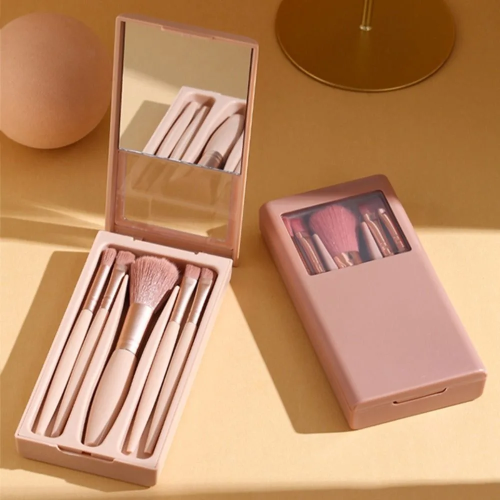 5Pcs Professional Portable Makeup Brush Set with Mirror Multifunctional Travel Case Mini Cosmetic Kit Outdoor
