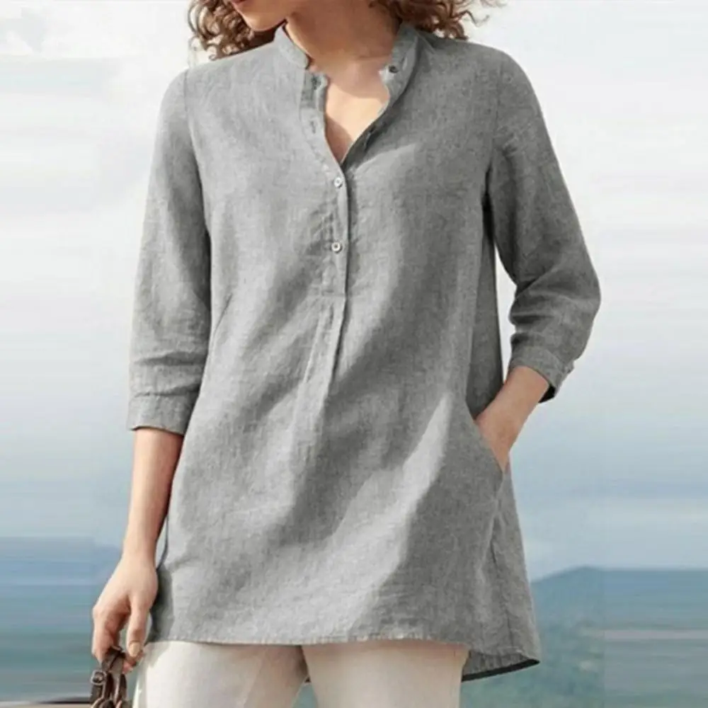 Eleganti camicie di lino in cotone donna Casual Solid Button risvolto camicette camicie autunno inverno 3/4 manica allentata top tunica Blusas