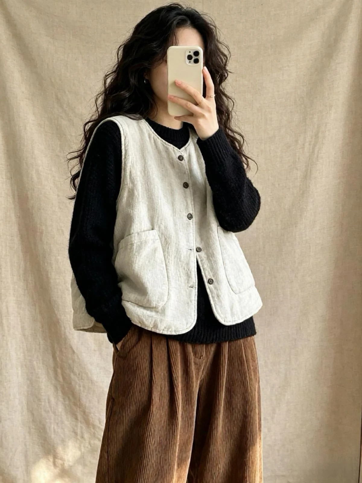 Casual Cotton Linen Short Jacket Women's Autumn Winter Loose round Neck Vest Warmth Outerwear Fashionable Cultural Clips