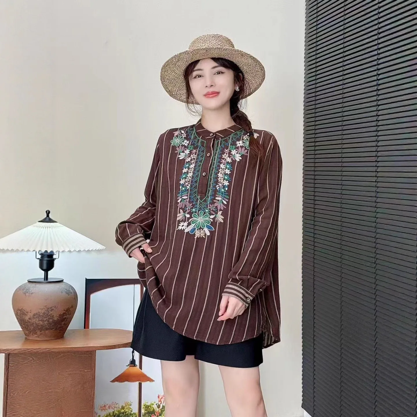 

Japanese Vintage Mori Girl Ethnic Embroidery Striped Cotton Shirts Women Spring Stand Collar Long Sleeve Casual Loose Blouse Top