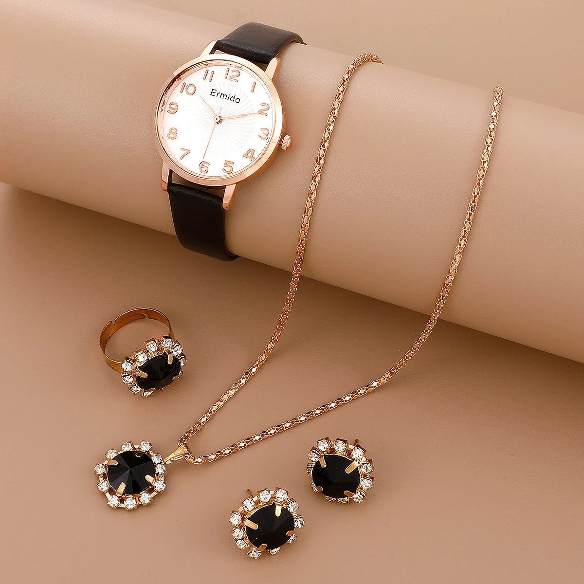 Women's Watch+Necklace+Ring+Earrings Set Female's Gift for Mother's Day Gift PU Strap Good-looking Casual Quartz Watch FS99