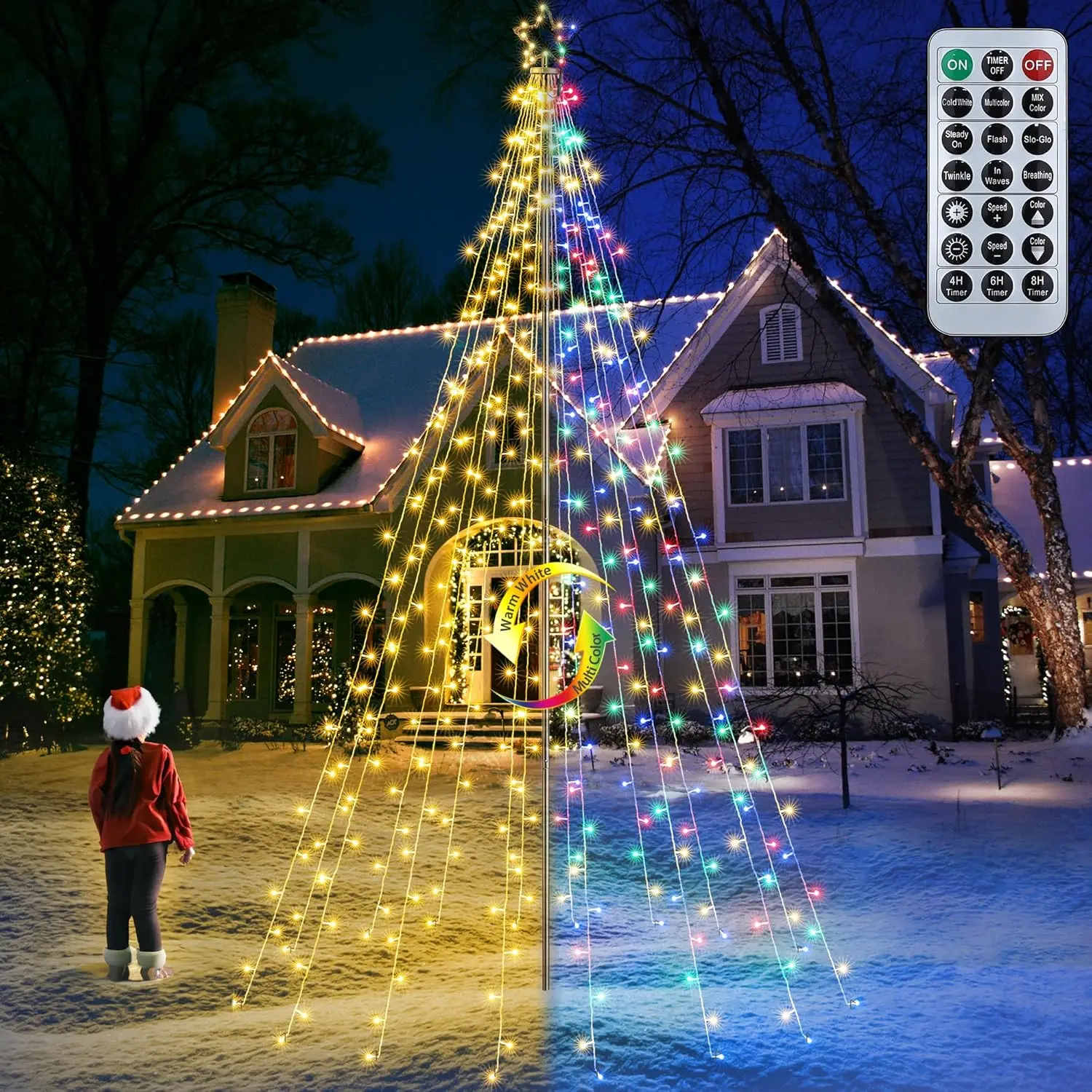 Christmas Decorations Outdoor Star String Lights - 10 ft Pole Set with Remote, Multiple Lighting Modes Timer Waterproof for Ulti