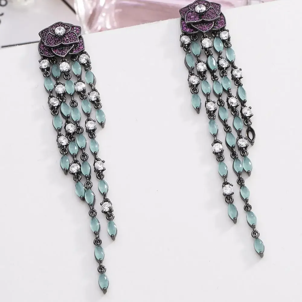 FXLRY Luxury long black gun plated vintage purple rose flower with green tassel earring for women Jewelry