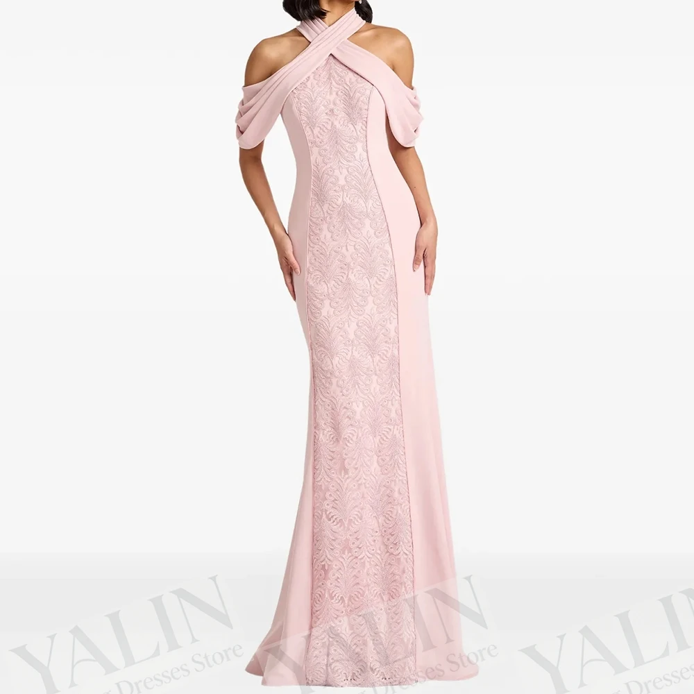 

Women's A-line Evening Dresses Floor-length High-neck Sleeveless Prom Gown Fashion Flowers Pleat Simple Draped Customized Gowns