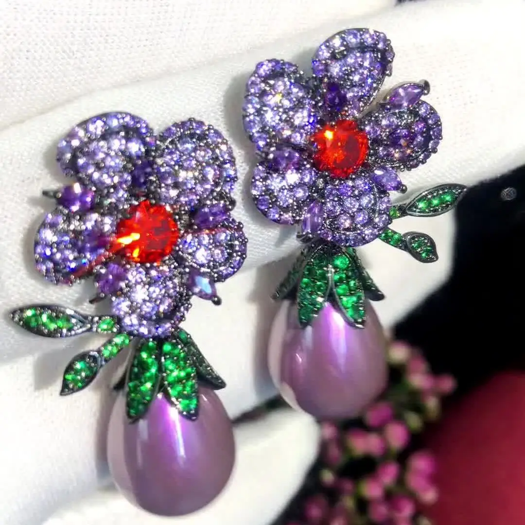 

Missvikki New Design Purple Pearls Earrings Jewelry Luxury Zircon Flower Elegant Women Shiny Wedding Party Earrings HigH Quality